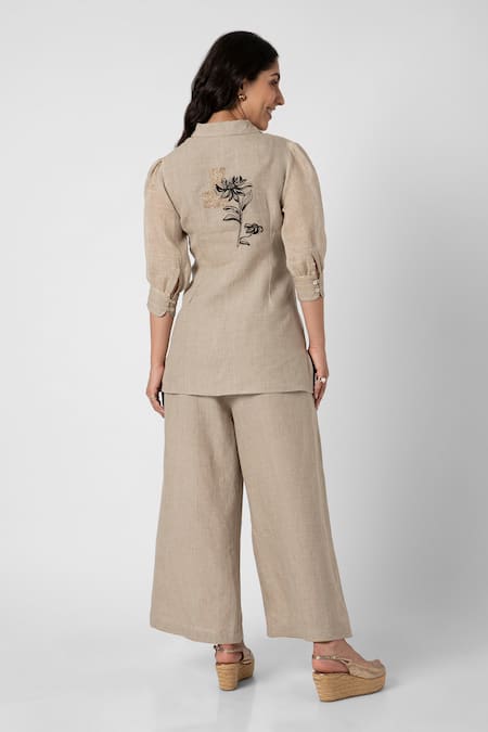 Shop Kaveri Beige 100% Linen Beaten Metal Floral Thread Top And Pant Set at Aza Fashions Shop_Kaveri_Beige 100% Linen Beaten Metal Floral Thread Top And Pant Set _at_Aza_Fashions