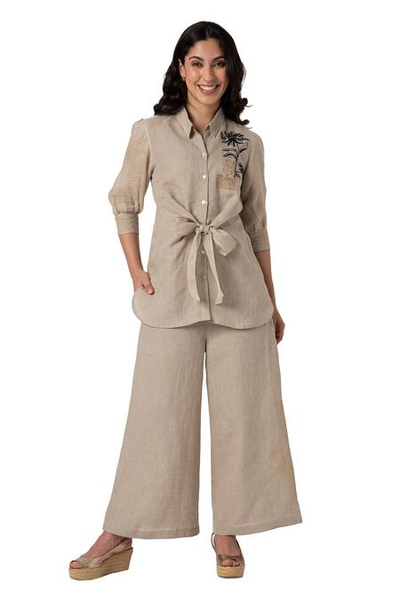 Shop Kaveri Beige 100% Linen Beaten Metal Floral Thread Top And Pant Set Online at Aza Fashions Shop_Kaveri_Beige 100% Linen Beaten Metal Floral Thread Top And Pant Set _Online_at_Aza_Fashions