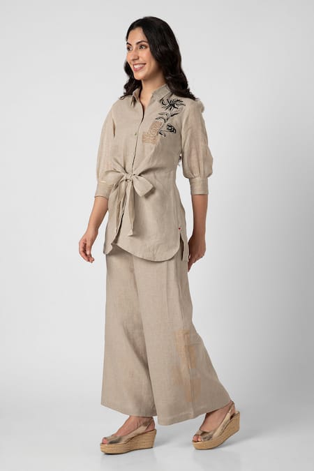 Kaveri Beige 100% Linen Beaten Metal Floral Thread Top And Pant Set at Aza Fashions Kaveri_Beige 100% Linen Beaten Metal Floral Thread Top And Pant Set _at_Aza_Fashions