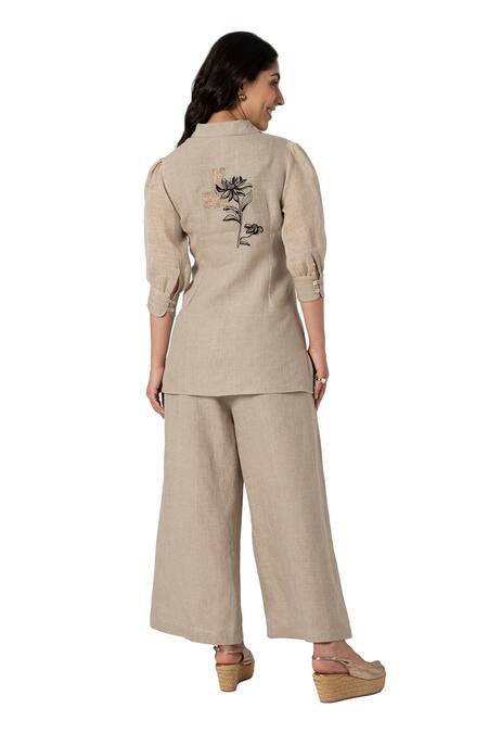Buy Kaveri Beige 100% Linen Beaten Metal Floral Thread Top And Pant Set Buy_Kaveri_Beige 100% Linen Beaten Metal Floral Thread Top And Pant Set