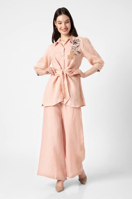 Shop Kaveri Pink 100% Linen Embroidered Beaten Metal Tie-up Top And Pant Set at Aza Fashions Shop_Kaveri_Pink 100% Linen Embroidered Beaten Metal Tie-up Top And Pant Set _at_Aza_Fashions