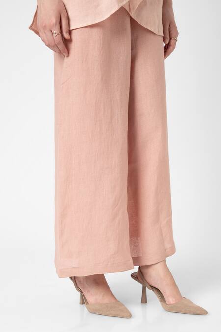 Kaveri Pink 100% Linen Embroidered Beaten Metal Tie-up Top And Pant Set Online at Aza Fashions Kaveri_Pink 100% Linen Embroidered Beaten Metal Tie-up Top And Pant Set _Online_at_Aza_Fashions