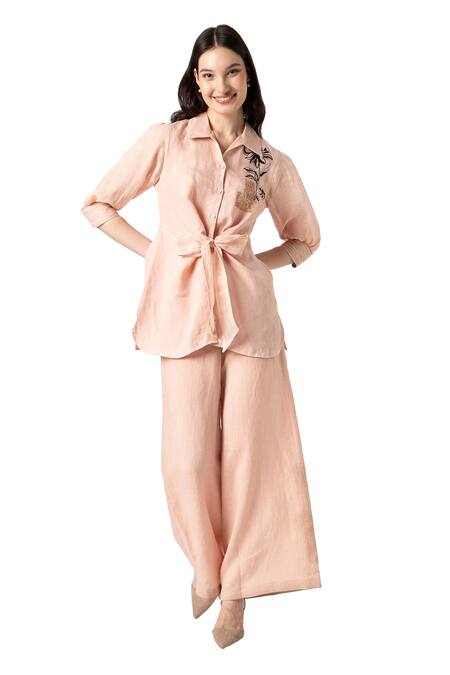 Buy Kaveri Pink 100% Linen Embroidered Beaten Metal Tie-up Top And Pant Set Online at Aza Fashions Buy_Kaveri_Pink 100% Linen Embroidered Beaten Metal Tie-up Top And Pant Set _Online_at_Aza_Fashions