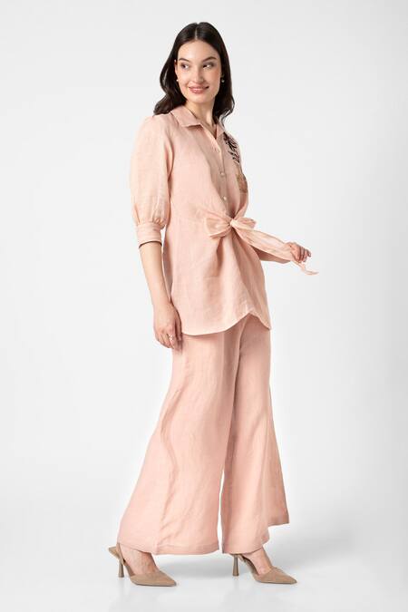Shop Kaveri Pink 100% Linen Embroidered Beaten Metal Tie-up Top And Pant Set Online at Aza Fashions Shop_Kaveri_Pink 100% Linen Embroidered Beaten Metal Tie-up Top And Pant Set _Online_at_Aza_Fashions