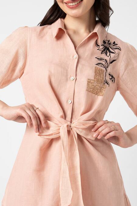 Kaveri Pink 100% Linen Embroidered Beaten Metal Tie-up Top And Pant Set at Aza Fashions Kaveri_Pink 100% Linen Embroidered Beaten Metal Tie-up Top And Pant Set _at_Aza_Fashions