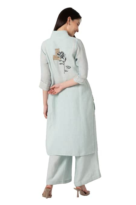 Buy Kaveri Blue Linen Embroidery V-neck Floral Thread Kurta And Pant Set Buy_Kaveri_Blue Linen Embroidery V-neck Floral Thread Kurta And Pant Set