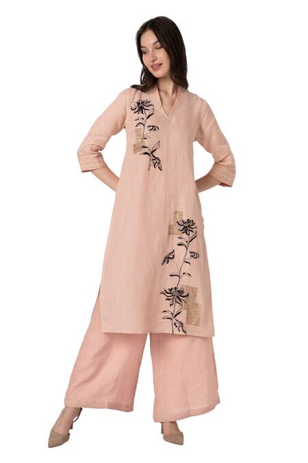 Shop Kaveri Pink Linen Embroidery V-neck Floral Kurta And Pant Set Shop_Kaveri_Pink Linen Embroidery V-neck Floral Kurta And Pant Set