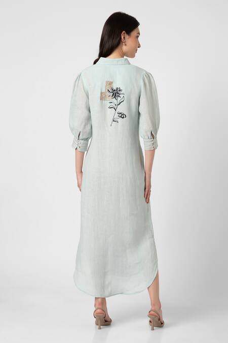 Shop Kaveri Blue Linen Embroidery Collared Beaten Metal And Floral Dress at Aza Fashions Shop_Kaveri_Blue Linen Embroidery Collared Beaten Metal And Floral Dress _at_Aza_Fashions