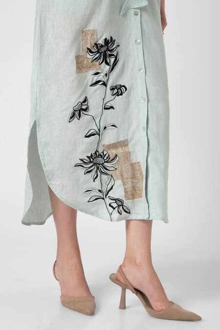 Kaveri Blue Linen Embroidery Collared Beaten Metal And Floral Dress Online at Aza Fashions Kaveri_Blue Linen Embroidery Collared Beaten Metal And Floral Dress _Online_at_Aza_Fashions