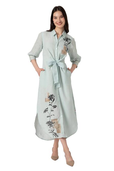 Buy Kaveri Blue Linen Embroidery Collared Beaten Metal And Floral Dress Online at Aza Fashions Buy_Kaveri_Blue Linen Embroidery Collared Beaten Metal And Floral Dress _Online_at_Aza_Fashions