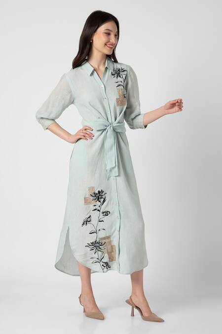 Shop Kaveri Blue Linen Embroidery Collared Beaten Metal And Floral Dress Online at Aza Fashions Shop_Kaveri_Blue Linen Embroidery Collared Beaten Metal And Floral Dress _Online_at_Aza_Fashions