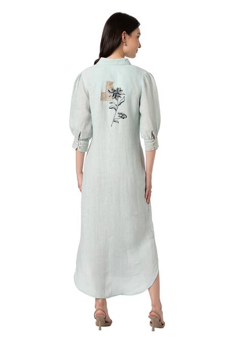 Kaveri Blue Linen Embroidery Collared Beaten Metal And Floral Dress at Aza Fashions Kaveri_Blue Linen Embroidery Collared Beaten Metal And Floral Dress _at_Aza_Fashions