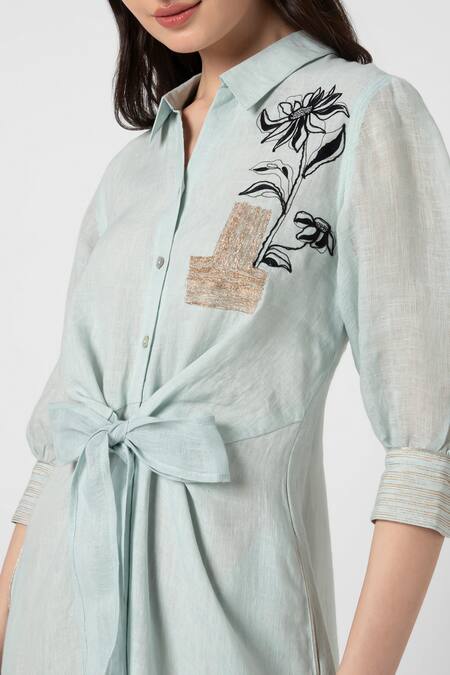 Buy Kaveri Blue Linen Embroidery Collared Beaten Metal And Floral Dress Buy_Kaveri_Blue Linen Embroidery Collared Beaten Metal And Floral Dress