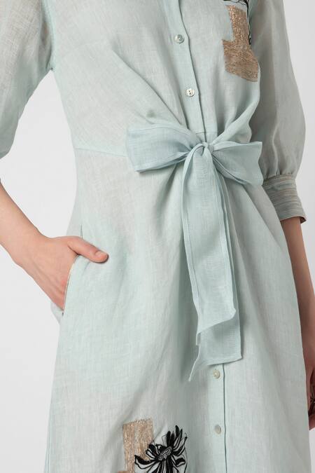 Shop Kaveri Blue Linen Embroidery Collared Beaten Metal And Floral Dress Shop_Kaveri_Blue Linen Embroidery Collared Beaten Metal And Floral Dress