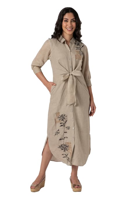 Shop Kaveri White Linen Embroidery Collared Beaten Metal Midi Dress Online at Aza Fashions Shop_Kaveri_White Linen Embroidery Collared Beaten Metal Midi Dress _Online_at_Aza_Fashions