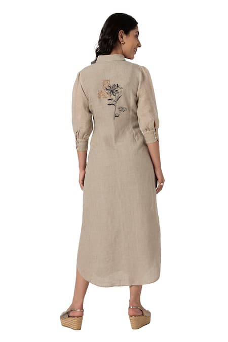 Buy Kaveri White Linen Embroidery Collared Beaten Metal Midi Dress Buy_Kaveri_White Linen Embroidery Collared Beaten Metal Midi Dress