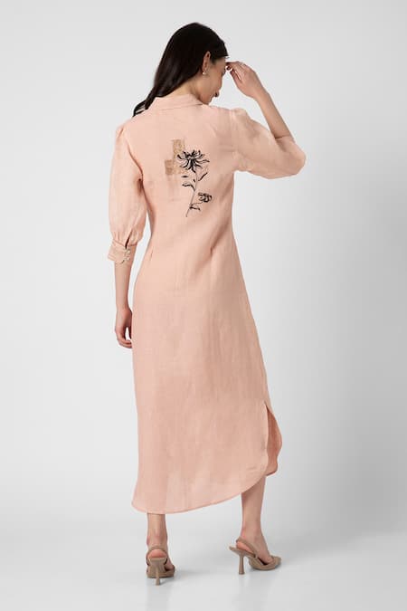 Shop Kaveri Pink Linen Embroidery Collared Beaten Metal Dress at Aza Fashions Shop_Kaveri_Pink Linen Embroidery Collared Beaten Metal Dress _at_Aza_Fashions