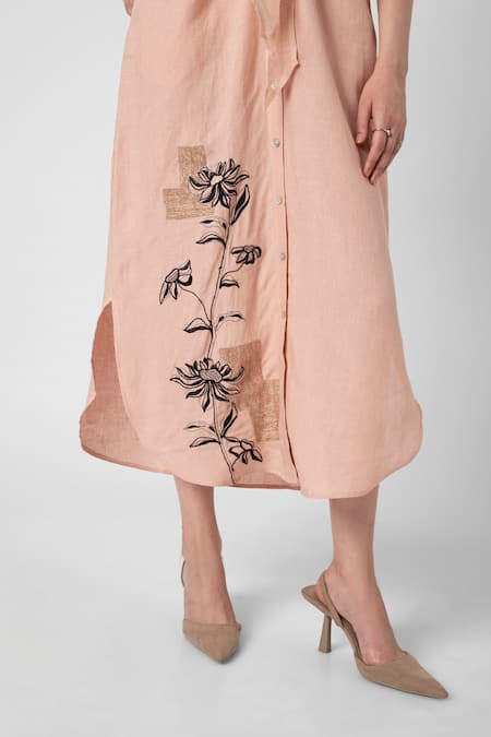 Kaveri Pink Linen Embroidery Collared Beaten Metal Dress Online at Aza Fashions Kaveri_Pink Linen Embroidery Collared Beaten Metal Dress _Online_at_Aza_Fashions