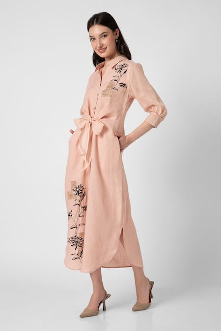Shop Kaveri Pink Linen Embroidery Collared Beaten Metal Dress Online at Aza Fashions Shop_Kaveri_Pink Linen Embroidery Collared Beaten Metal Dress _Online_at_Aza_Fashions