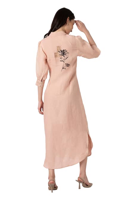 Kaveri Pink Linen Embroidery Collared Beaten Metal Dress at Aza Fashions Kaveri_Pink Linen Embroidery Collared Beaten Metal Dress _at_Aza_Fashions