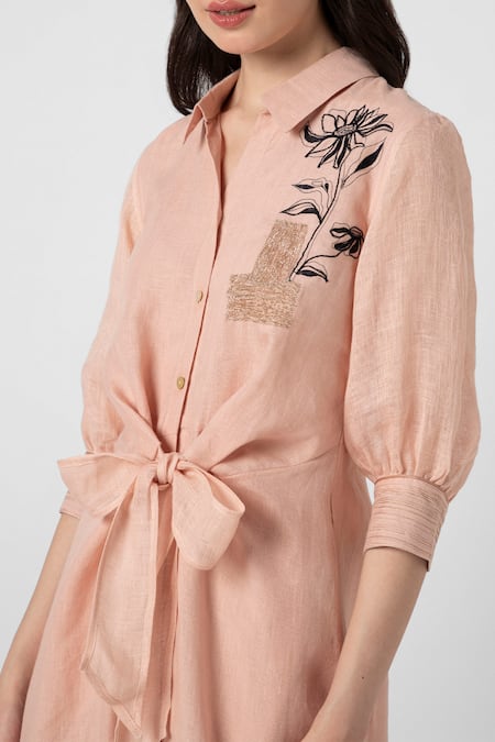 Buy Kaveri Pink Linen Embroidery Collared Beaten Metal Dress Buy_Kaveri_Pink Linen Embroidery Collared Beaten Metal Dress