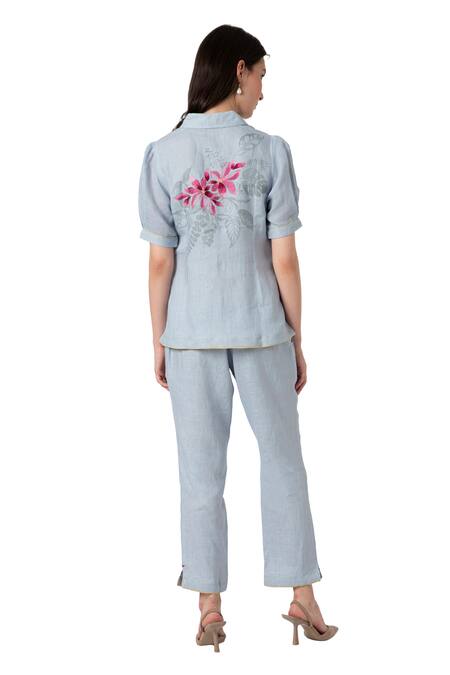 Buy_Kaveri_Blue 100% Linen Collared Shaded Flower E _Online_at_Aza_Fashions