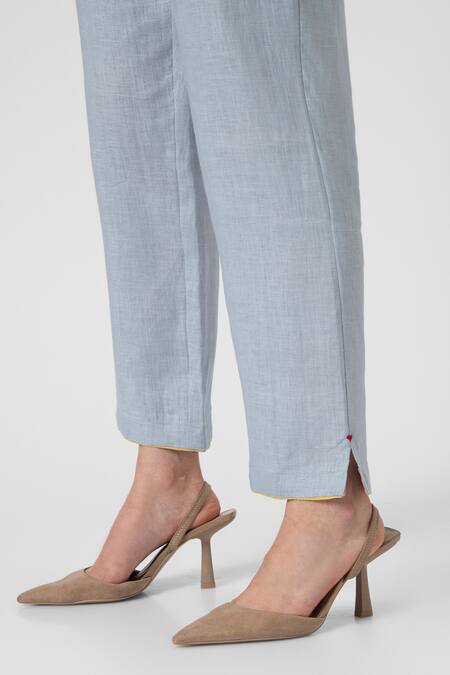 Kaveri_Blue 100% Linen Collared Shaded Flower E _at_Aza_Fashions