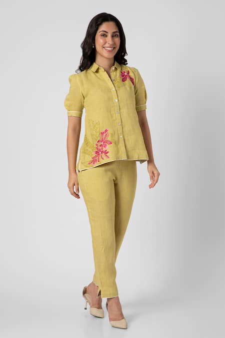 Kaveri_Green 100% Linen Collared Shaded Flower Print Shirt And Pant Set _Online_at_Aza_Fashions