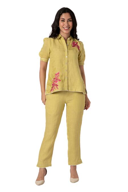 Buy_Kaveri_Green 100% Linen Collared Shaded Flower Print Shirt And Pant Set _Online_at_Aza_Fashions