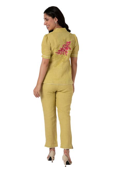 Shop_Kaveri_Green 100% Linen Collared Shaded Flower Print Shirt And Pant Set _Online_at_Aza_Fashions