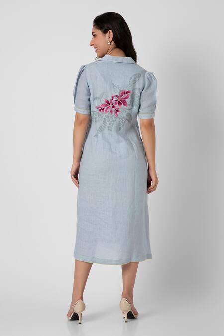 Shop Kaveri Blue Linen Collared Shaded Flower Tropical Leaf Screen Printed Dress at Aza Fashions Shop_Kaveri_Blue Linen Collared Shaded Flower Tropical Leaf Screen Printed Dress_at_Aza_Fashions