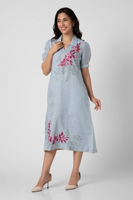 Kaveri Blue Linen Collared Shaded Flower Tropical Leaf Screen Printed Dress Online at Aza Fashions Kaveri_Blue Linen Collared Shaded Flower Tropical Leaf Screen Printed Dress_Online_at_Aza_Fashions