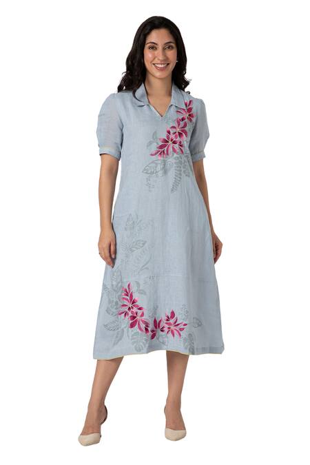 Buy Kaveri Blue Linen Collared Shaded Flower Tropical Leaf Screen Printed Dress Online at Aza Fashions Buy_Kaveri_Blue Linen Collared Shaded Flower Tropical Leaf Screen Printed Dress_Online_at_Aza_Fashions