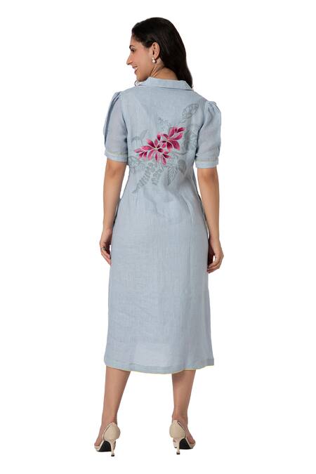 Shop Kaveri Blue Linen Collared Shaded Flower Tropical Leaf Screen Printed Dress Online at Aza Fashions Shop_Kaveri_Blue Linen Collared Shaded Flower Tropical Leaf Screen Printed Dress_Online_at_Aza_Fashions