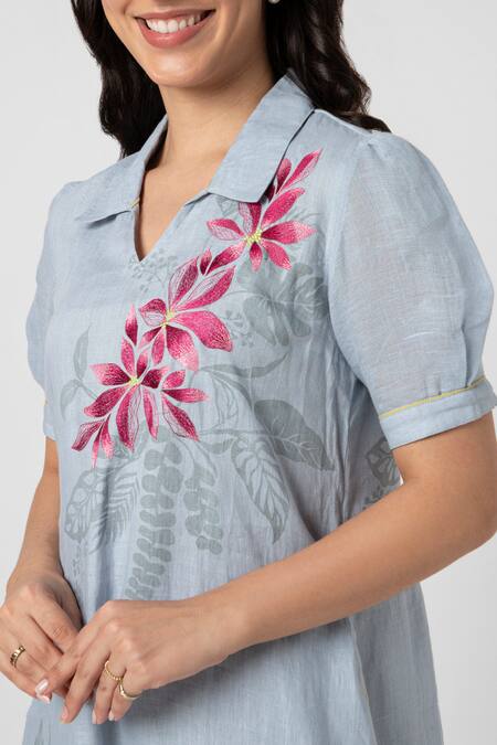 Kaveri Blue Linen Collared Shaded Flower Tropical Leaf Screen Printed Dress at Aza Fashions Kaveri_Blue Linen Collared Shaded Flower Tropical Leaf Screen Printed Dress_at_Aza_Fashions