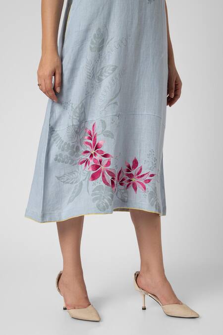 Buy Kaveri Blue Linen Collared Shaded Flower Tropical Leaf Screen Printed Dress Buy_Kaveri_Blue Linen Collared Shaded Flower Tropical Leaf Screen Printed Dress