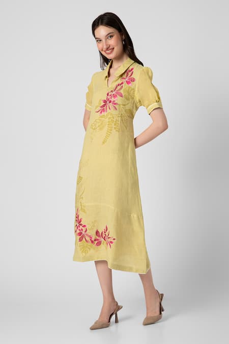 Buy Kaveri Green Linen Collared Shaded Flower Print Dress Online at Aza Fashions Buy_Kaveri_Green Linen Collared Shaded Flower Print Dress_Online_at_Aza_Fashions