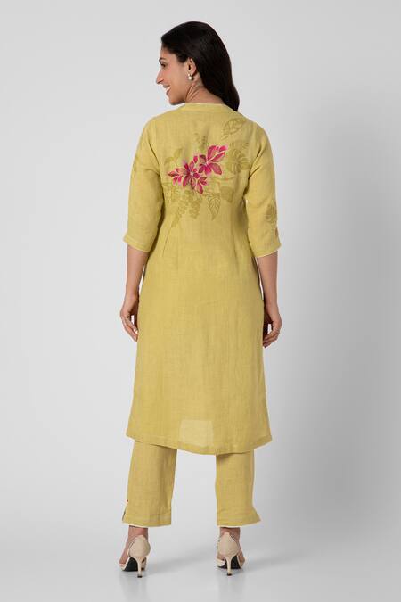 Shop Kaveri Green Linen Split V-neck Shaded Flower Hand Print Kurta And Pant Set at Aza Fashions Shop_Kaveri_Green Linen Split V-neck Shaded Flower Hand Print Kurta And Pant Set_at_Aza_Fashions