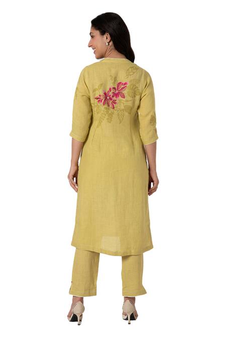 Buy Kaveri Green Linen Split V-neck Shaded Flower Hand Print Kurta And Pant Set Online at Aza Fashions Buy_Kaveri_Green Linen Split V-neck Shaded Flower Hand Print Kurta And Pant Set_Online_at_Aza_Fashions