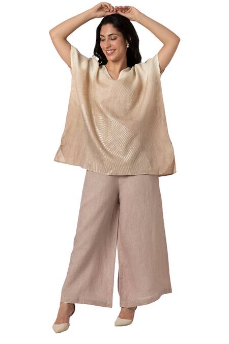 Buy_Kaveri_Beige 100% Linen V Neck Echo Square Top And Pant Set _Online_at_Aza_Fashions