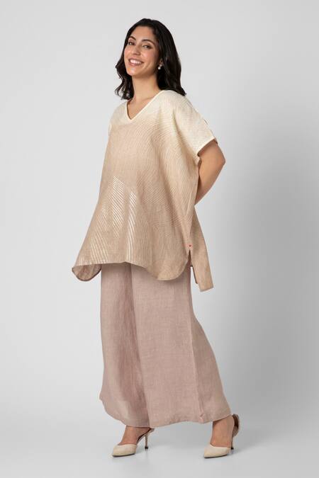 Kaveri_Beige 100% Linen V Neck Echo Square Top And Pant Set _at_Aza_Fashions