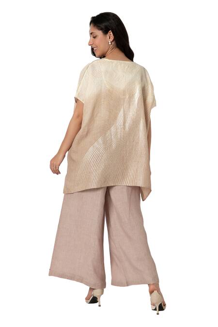 Buy_Kaveri_Beige 100% Linen V Neck Echo Square Top And Pant Set 