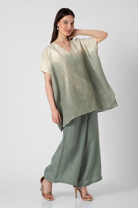 Kaveri_Blue 100% Linen V Neck Echo Square Screen Print Top And Pant Set _Online_at_Aza_Fashions