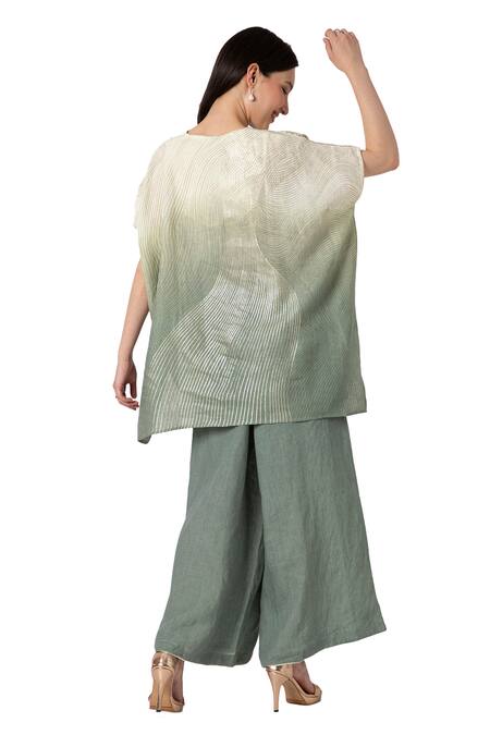 Shop_Kaveri_Blue 100% Linen V Neck Echo Square Screen Print Top And Pant Set _Online_at_Aza_Fashions