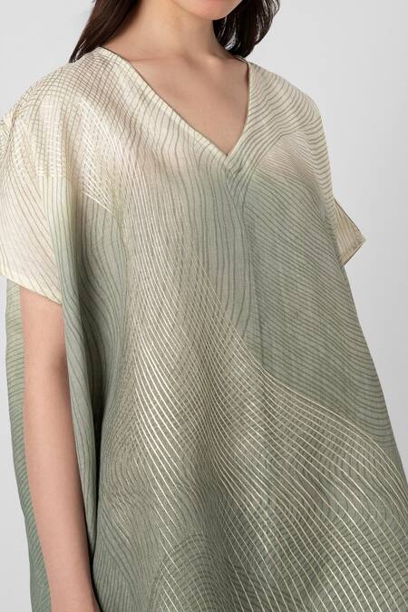 Kaveri_Blue 100% Linen V Neck Echo Square Screen Print Top And Pant Set _at_Aza_Fashions