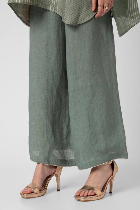 Buy_Kaveri_Blue 100% Linen V Neck Echo Square Screen Print Top And Pant Set 