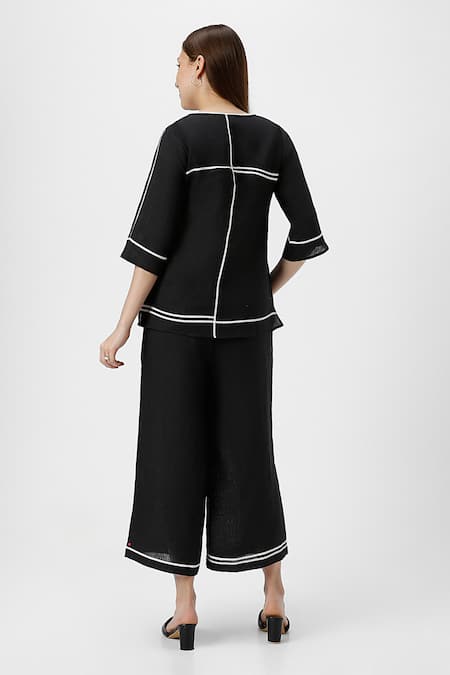 Shop Kaveri Black 100% Linen Plain Round Neck Cross Road Top With Pant at Aza Fashions Shop_Kaveri_Black 100% Linen Plain Round Neck Cross Road Top With Pant _at_Aza_Fashions