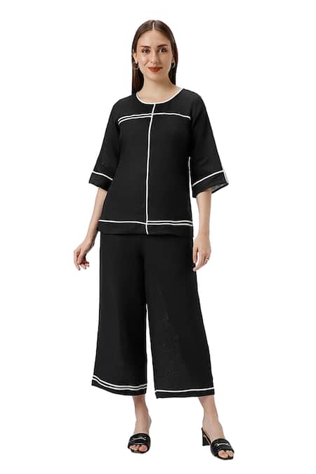 Buy Kaveri Black 100% Linen Plain Round Neck Cross Road Top With Pant Online at Aza Fashions Buy_Kaveri_Black 100% Linen Plain Round Neck Cross Road Top With Pant _Online_at_Aza_Fashions