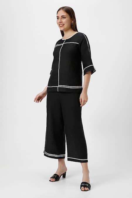 Kaveri Black 100% Linen Plain Round Neck Cross Road Top With Pant at Aza Fashions Kaveri_Black 100% Linen Plain Round Neck Cross Road Top With Pant _at_Aza_Fashions