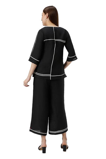 Buy Kaveri Black 100% Linen Plain Round Neck Cross Road Top With Pant Buy_Kaveri_Black 100% Linen Plain Round Neck Cross Road Top With Pant